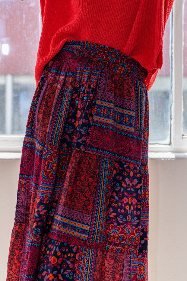 ODDI Full Size Printed Tiered Maxi Skirt