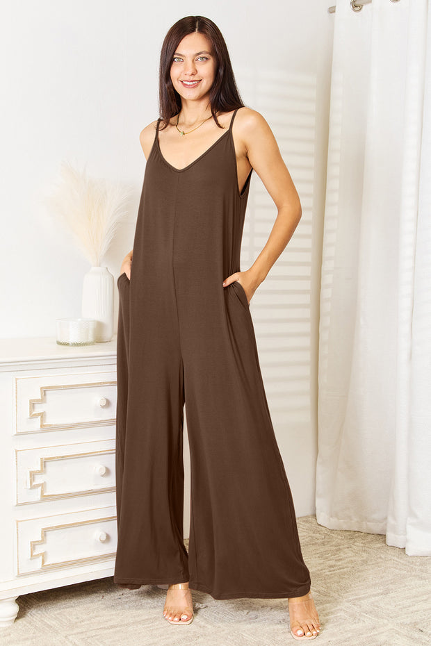 Double Take Full Size Soft Rayon Spaghetti Strap Tied Wide Leg Jumpsuit - Spicy and Sexy