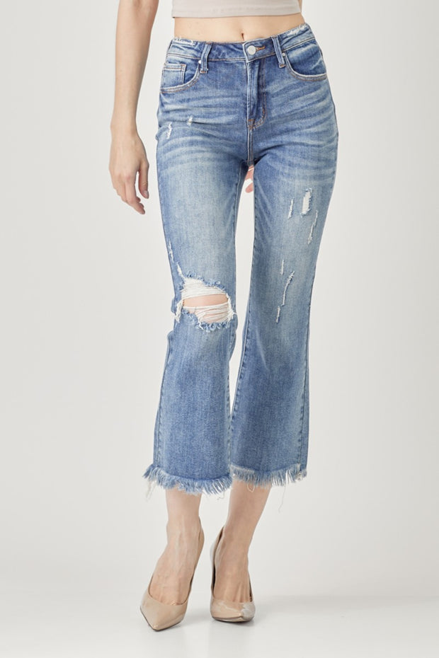 RISEN High Waist Distressed Cropped Bootcut Jeans - Spicy and Sexy