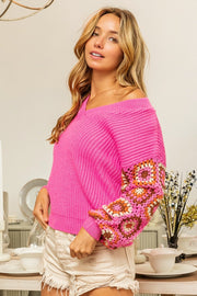 BiBi V-Neck Crochet Long Sleeve Sweater