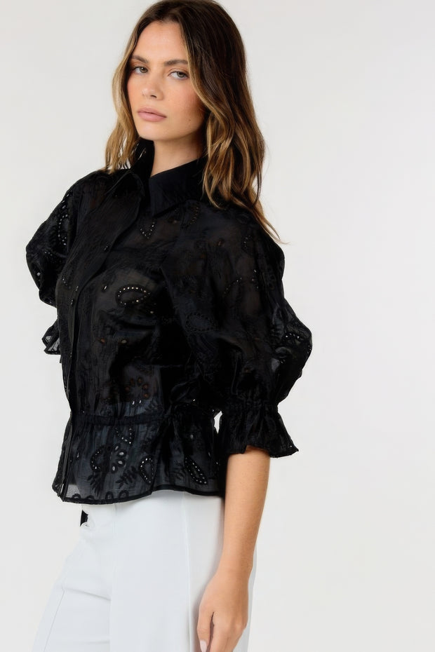 Button-down Collar Neck Embroidered Top