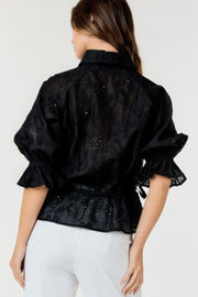 Button-down Collar Neck Embroidered Top