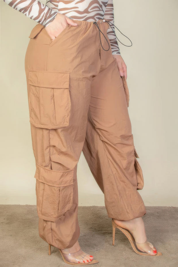 Plus Size Flap Pockets Drawstring Ruched Parachute Pants