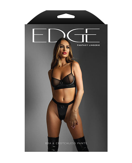 Edge Quilted Wetlook and Mesh Underwire Bra With Crotchless Panty - Black