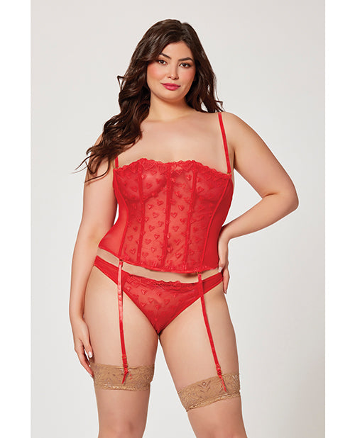 Valentines Heart Embroidered Mesh Bustier & Panty Red (Plus Size)