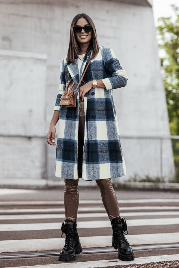 Double Take Full Size Plaid Button Up Lapel Collar Coat - Spicy and Sexy