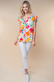 White Birch Full Size Short Sleeve Floral Woven Top