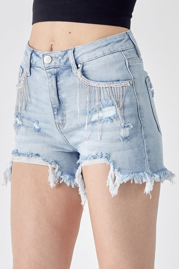RISEN Frayed Hem Denim Shorts with Fringe Detail Pockets - Spicy and Sexy