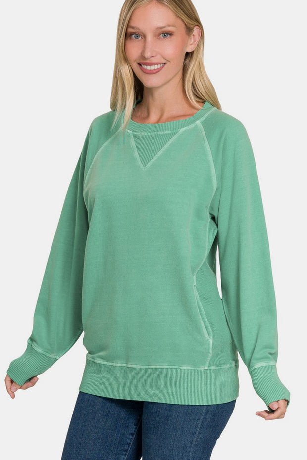 Zenana Pocketed Round Neck Long Sleeve Sweatshirt