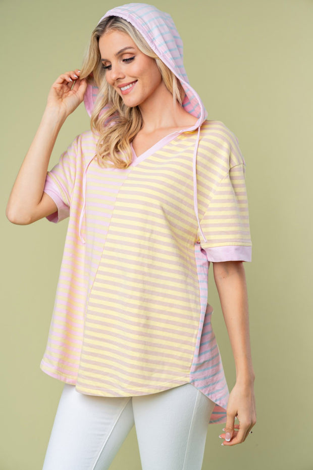 White Birch Full Size Striped Short Sleeve Drawstring Hooded Top - Spicy and Sexy