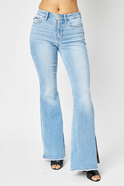 Judy Blue Full Size Mid Rise Raw Hem Slit Flare Jeans - Spicy and Sexy