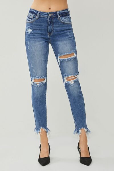 RISEN Distressed Frayed Hem Slim Jeans - Spicy and Sexy