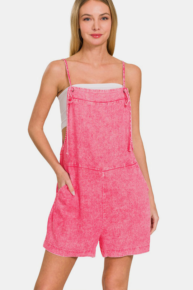 Zenana Washed Linen Knot Strap Rompers - Spicy and Sexy