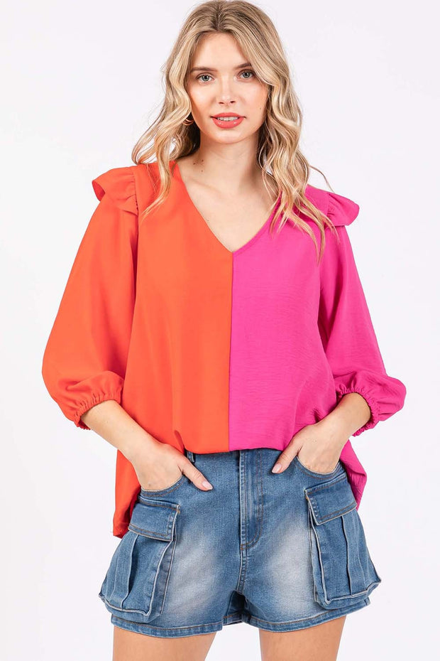 GeeGee Full Size Ruffle Trim Contrast Blouse - Spicy and Sexy
