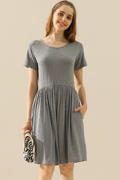 Ninexis Full Size Round Neck Ruched Dress with Pockets - Spicy and Sexy