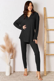 Basic Bae Full Size Notched Long Sleeve Top and Pants Set - Spicy and Sexy