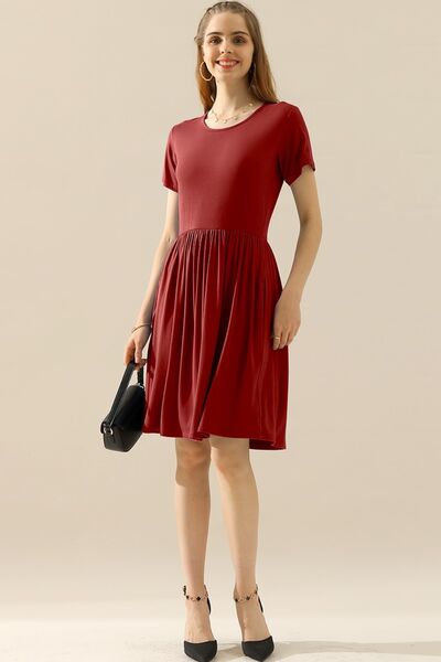 Ninexis Full Size Round Neck Ruched Dress with Pockets - Spicy and Sexy