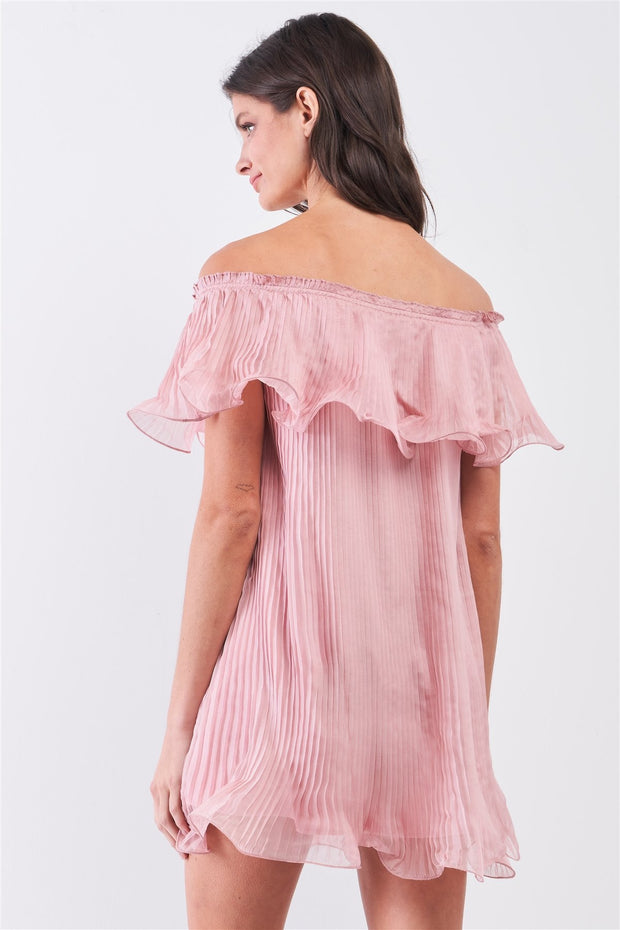 Pink Pleated Off-The-shoulder Double Layered Frill Trim Mini Dress - Spicy and Sexy