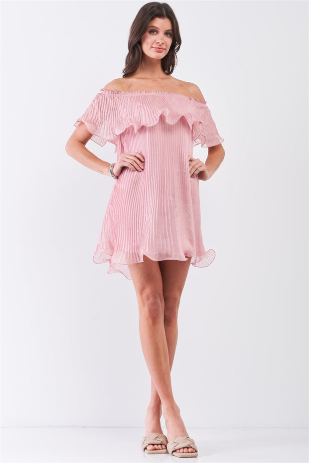 Pink Pleated Off-The-shoulder Double Layered Frill Trim Mini Dress - Spicy and Sexy