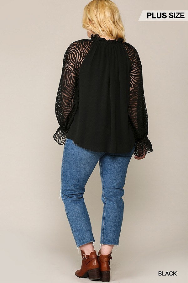 Zebra Burnout Sleeve Ruffled Neck Bubble Crepe Blouse (Plus Size) - Spicy and Sexy