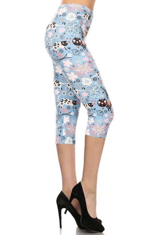 Cats And Flowers Printed, High Waisted Capri Leggings - Spicy and Sexy