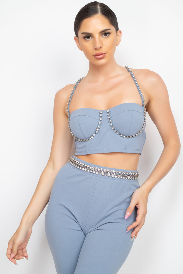 Stone Embellished Top And Pants Set - Spicy and Sexy