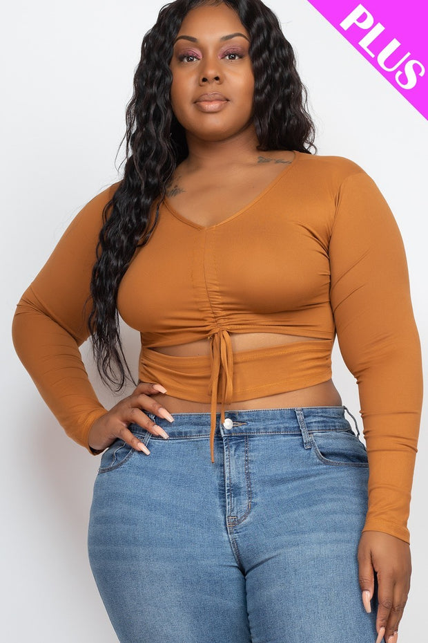 Plus Size Drawstring Ruched Cutout Crop Top - Spicy and Sexy