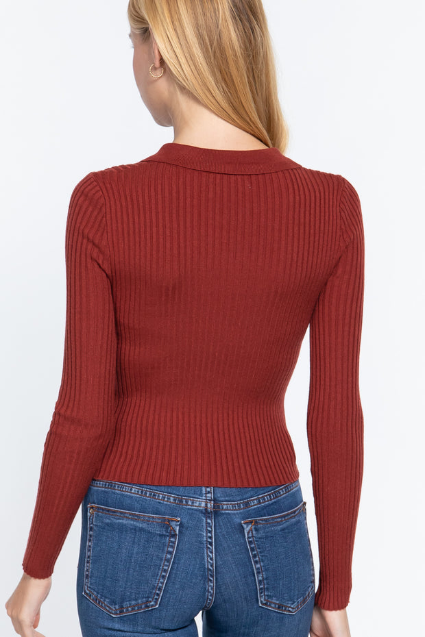 Notched Collar Zippered Sweater - Spicy and Sexy