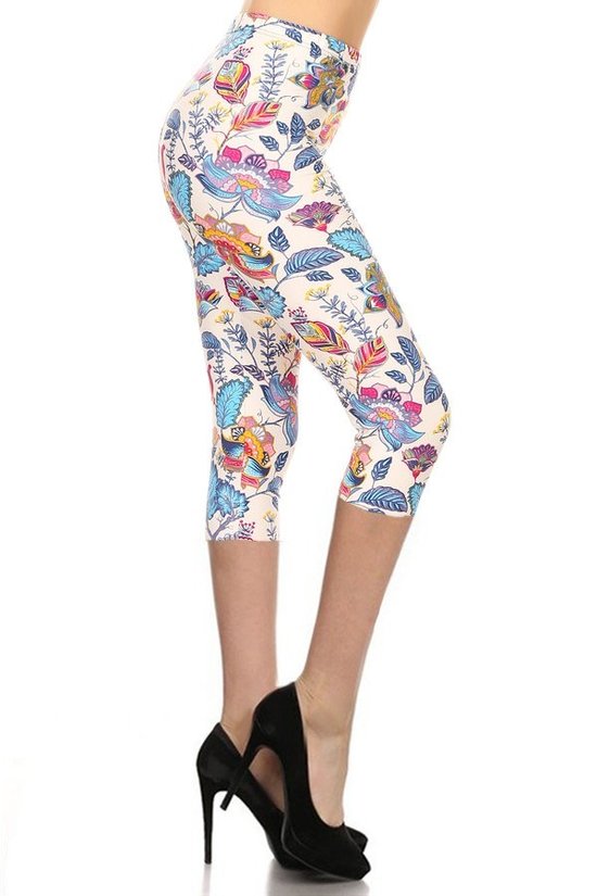 Floral Printed Lined Knit Capri Legging With Elastic Waistband - Spicy and Sexy