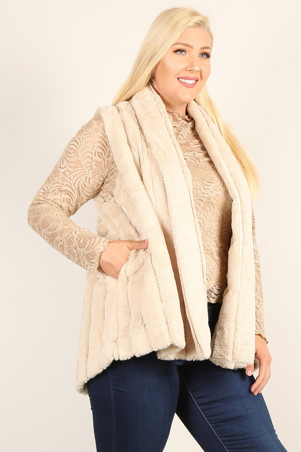 Plus Size Faux Fur Vest Jacket With Open Front, Hi-lo Hem, And Pockets - Spicy and Sexy