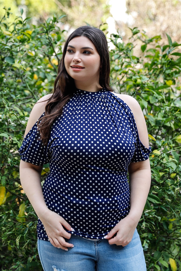 Plus Polka Dot Cold Shoulder Short Sleeve Back Self-Tie Top - Spicy and Sexy