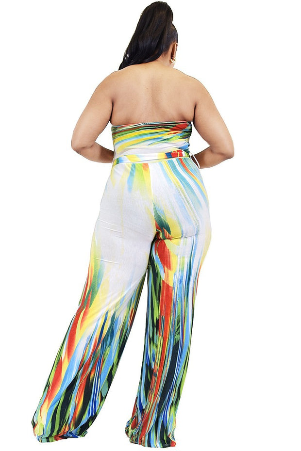 Plus Off Shoulder Color Brushed Tie Waist Jumpsuit - Spicy and Sexy