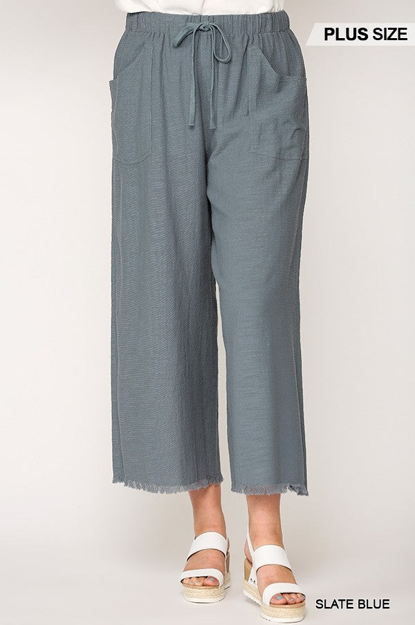 Frayed Wide Leg Pants With Pockets (Plus Size)