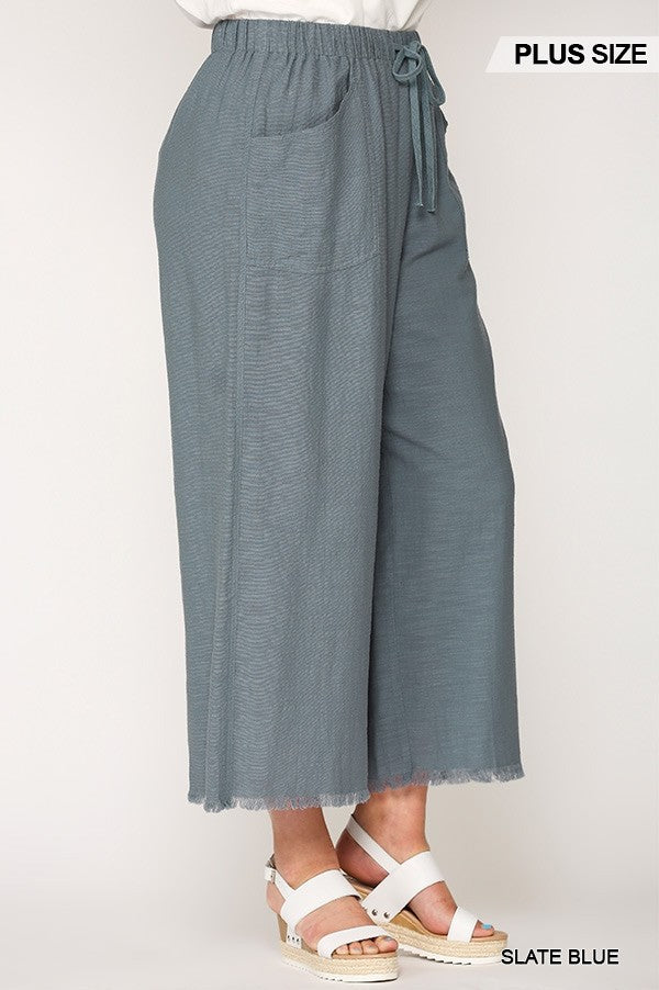 Frayed Wide Leg Pants With Pockets (Plus Size)