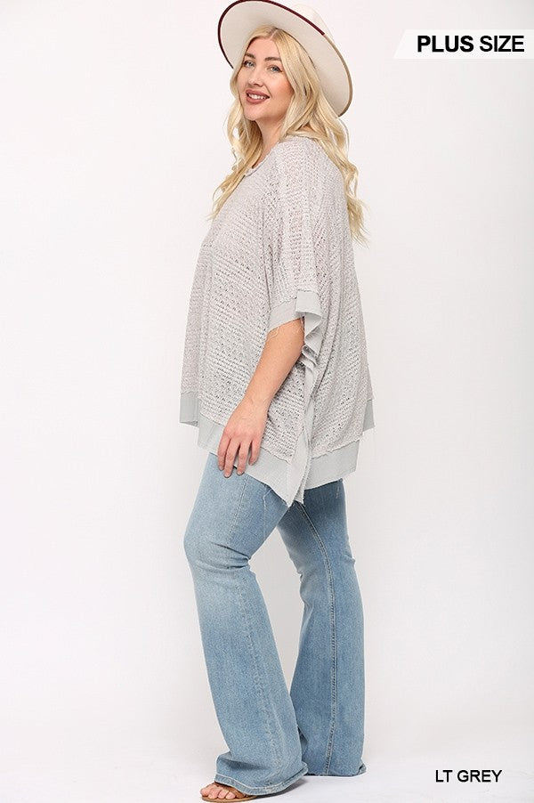 Light Knit And Woven Mixed Boxy Top With Poncho Sleeve (Plus Size)