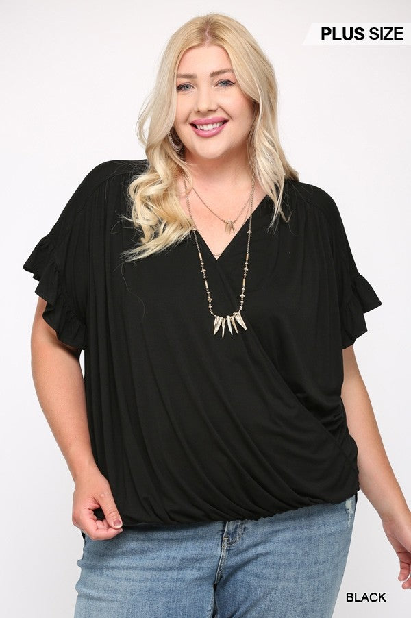 Solid Viscose Knit Surplice Top With Ruffle Sleeve (Plus Size)