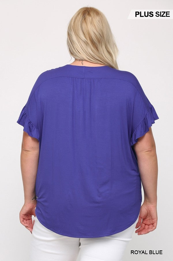 Solid Viscose Knit Surplice Top With Ruffle Sleeve (Plus Size)