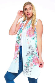 Floral Print, Open Front Vest With An Asymmetric Hem (Plus Size)