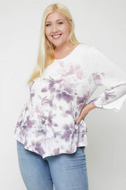 Print Top Featuring A Round Neckline And 3/4 Bell Sleeves (Plus Size)