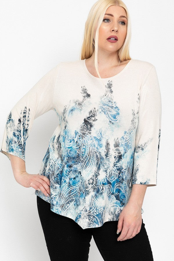 Print Top Featuring A Round Neckline And 3/4 Bell Sleeves (Plus Size)