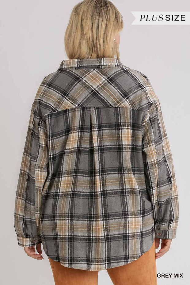 Plaid Collar Button Down Overshirt With Front Pockets (Plus Size)