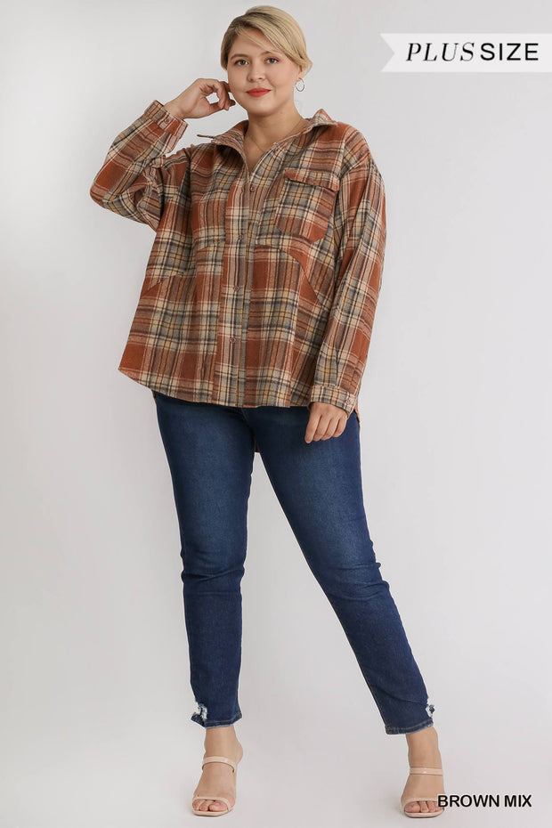 Plaid Collar Button Down Overshirt With Front Pockets (Plus Size)