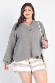 Plus Olive Textured Button Detail Long Sleeve Top (Plus Size)