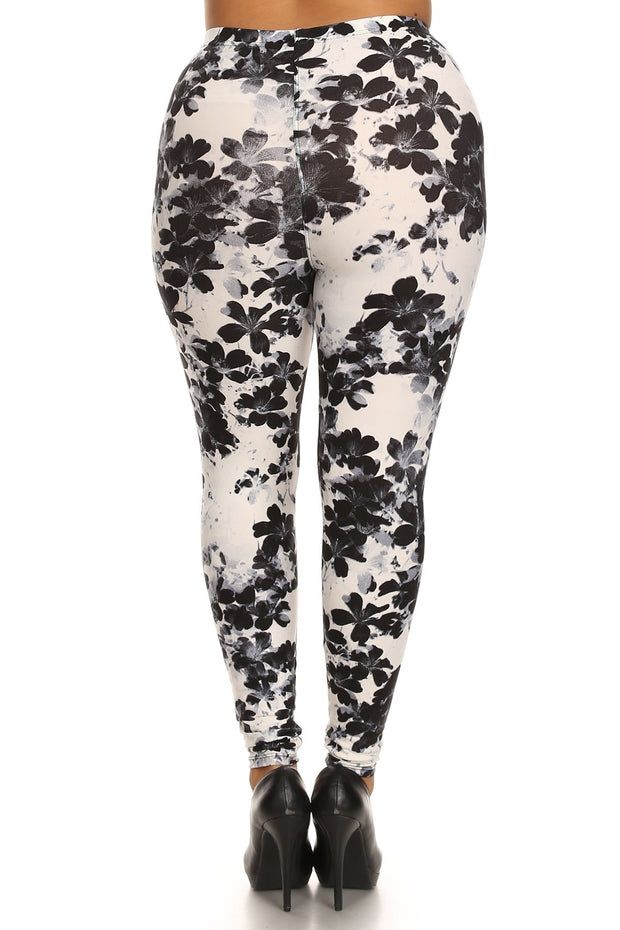 Super Soft Peach Skin Fabric, Floral Graphic Printed Knit Legging With Elastic Waist Detail (Plus Size)
