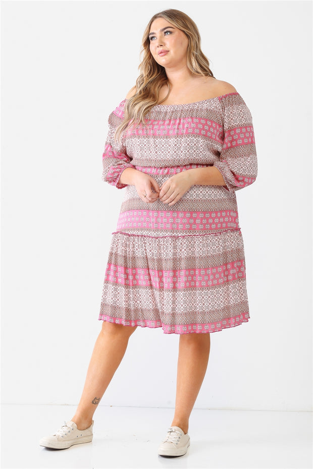 Plus Combo Printed Textured Ruffle Flare Hem Mini Dress (Plus Size)