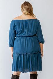 Plus Combo Printed Textured Ruffle Flare Hem Mini Dress (Plus Size)