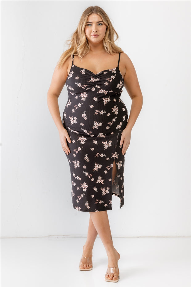 Plus Floral Ribbed Ruched Sleeveless Midi Dress (Plus Size)
