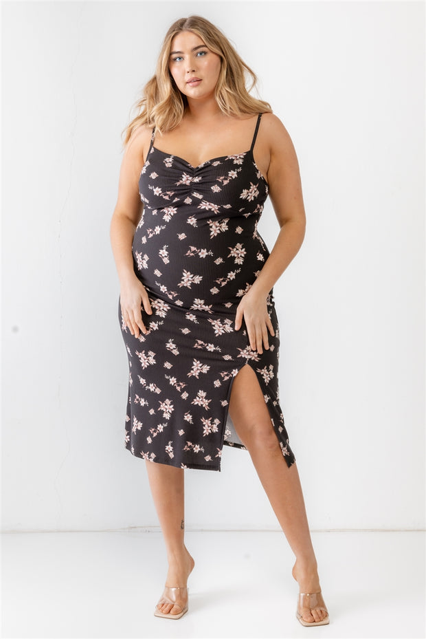 Plus Floral Ribbed Ruched Sleeveless Midi Dress (Plus Size)