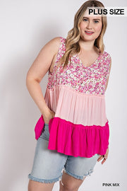 Floral Color Block Ruffle Detail Tiered V-neck Top (Plus Size)