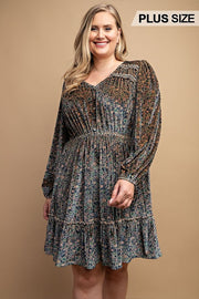Printed Velvet V-neck Dress With Button Front Detail (Plus Size)
